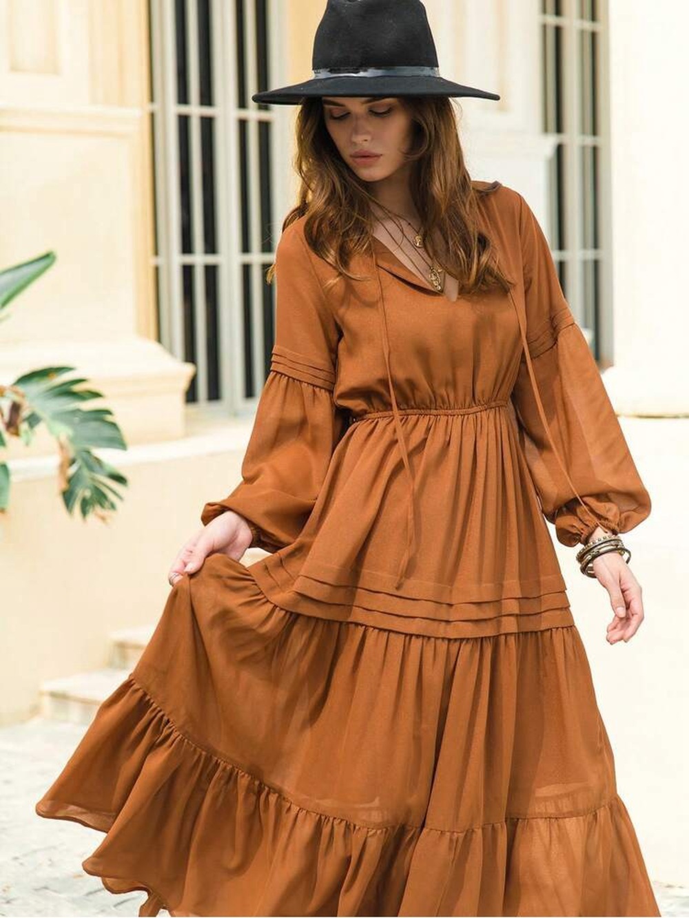 Bohemian Rust Tiered Maxi Dress with V-Neck